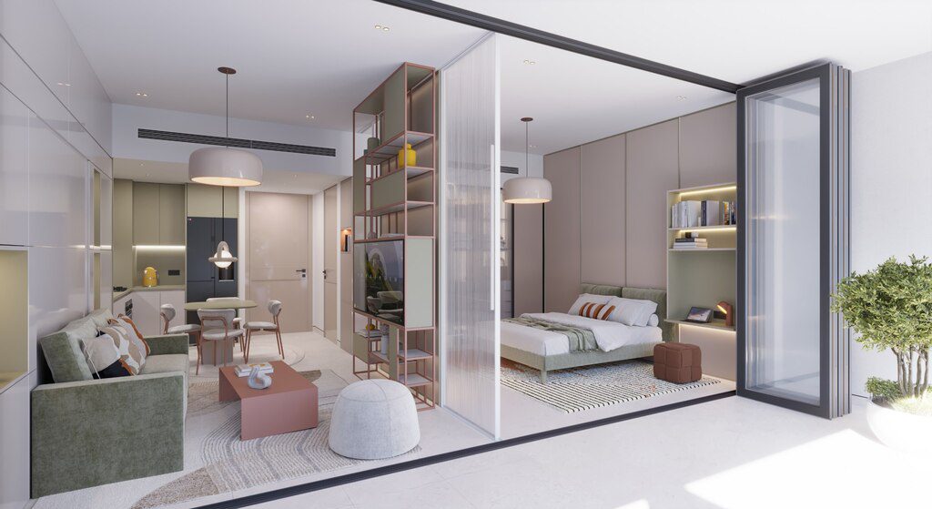 Высококлассная квартира в современном стиле с просторной гостиной и спальней, уютной мебелью, яркими акцентами, панорамным остеклением и зелёным интерьером, идеально подходящая для элитной жизни.