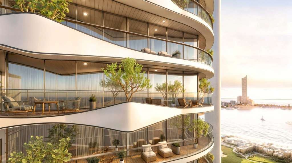 роскошный балкон современного жилого комплекса с зеленью и панорамным видом на город и реку, вечерний закат Создавайте уникальные описания недвижимости с помощью Треви Элит.